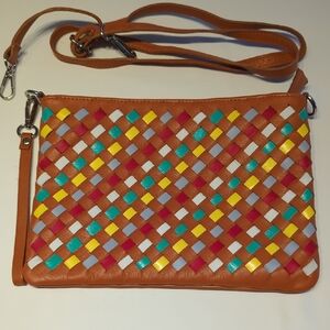 Tan Woven Leather Wristlet Clutch with Multicolor Accents